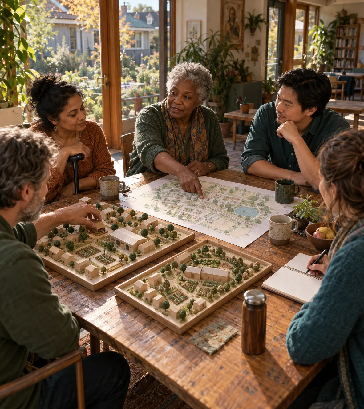 Neighbors planning around a map and scale models of their community